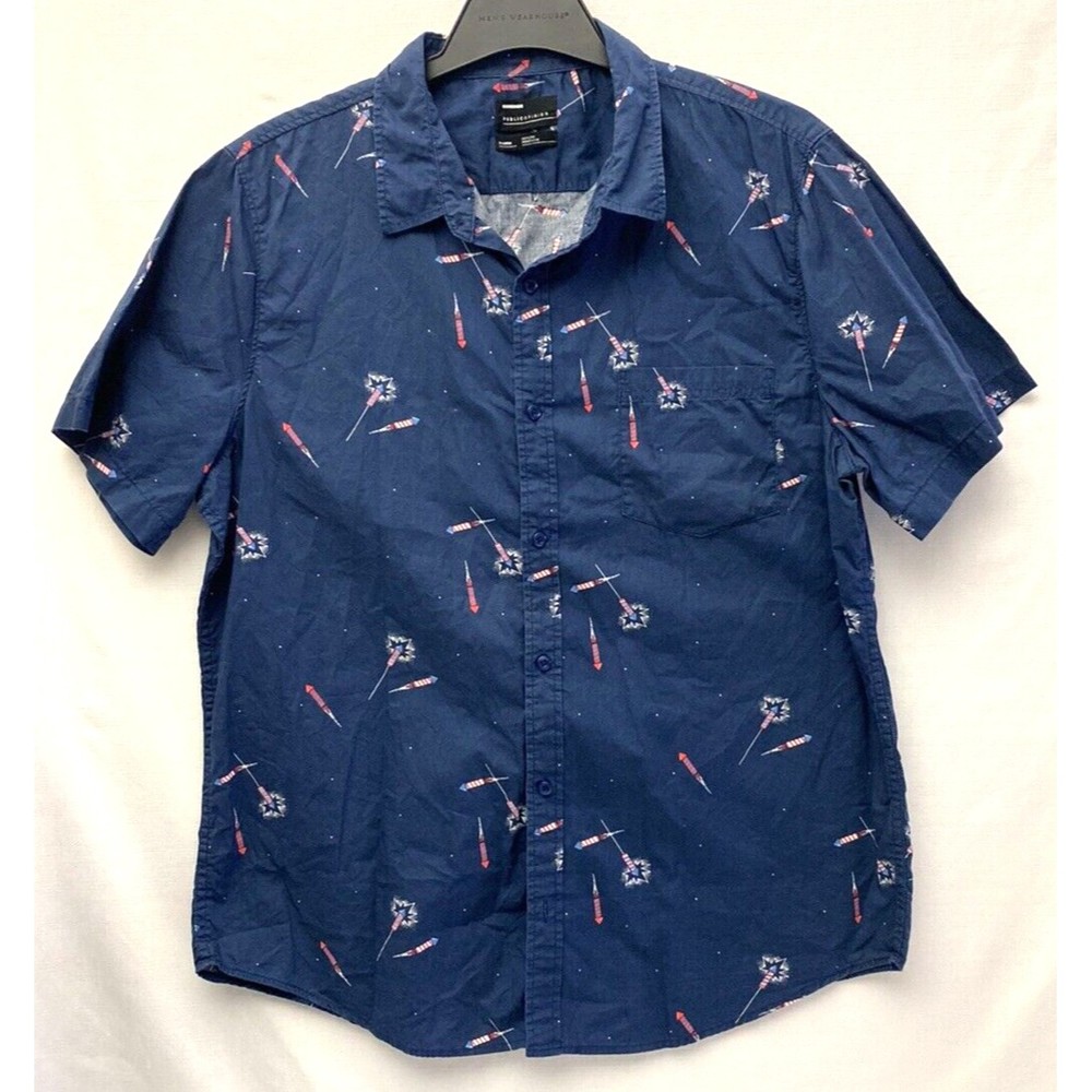 Public Opinion Shirt Button Down Short Sleeve Casual Dressy Fireworks XL Blue